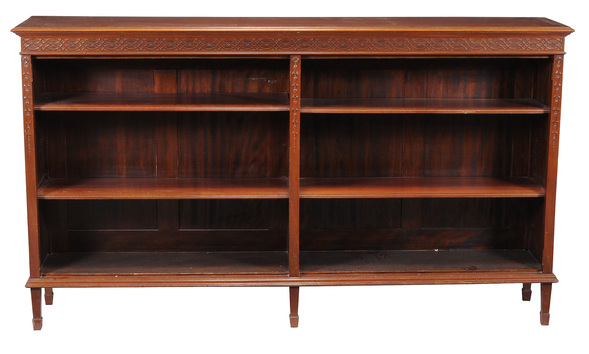 A mahogany open bookcase, 20th century , with two banks of adjustable shelves, 107cm high, 186cm