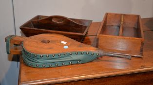 Two cutlery trays and a pair of oak and later faux leather bellows (3)