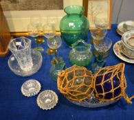A green tinted glass ovoid vase, and other glass