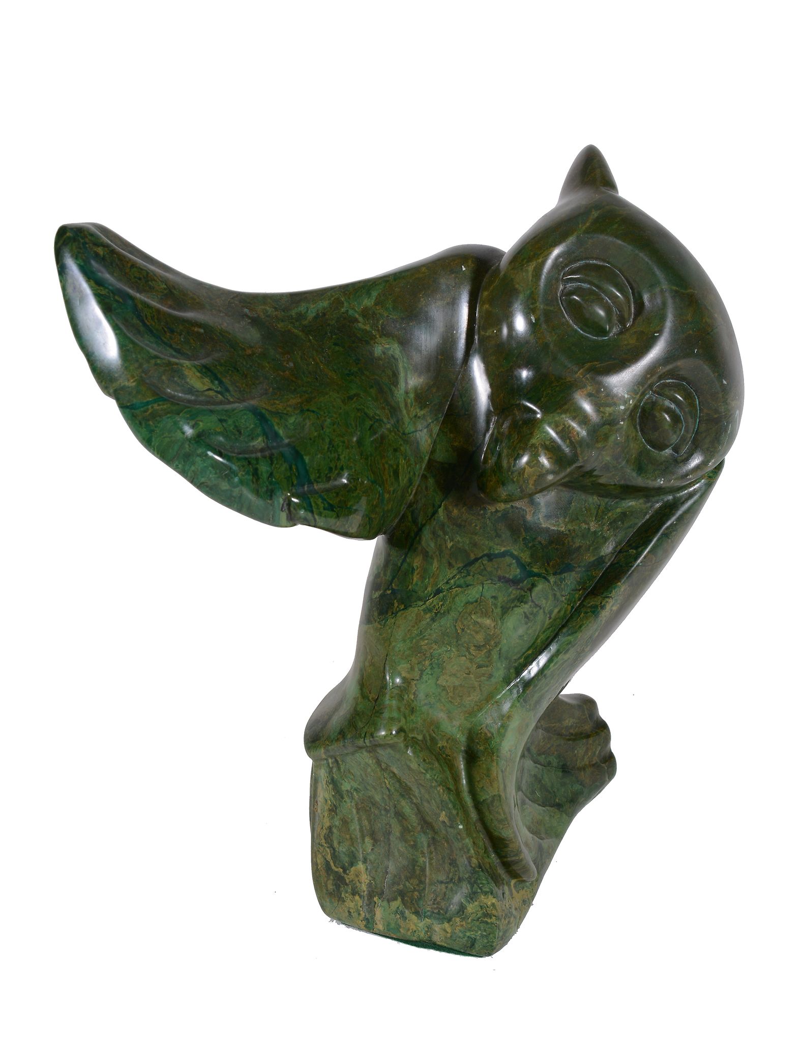 A Zimbabwean hardstone sculpture of an owl, with one wing raised, unsigned, 29cm high - Image 2 of 3