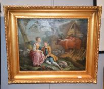 Continental School (19th Century) Courting couple in landscape with cow and dog Oil on canvas 43 x