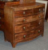 A late George III mahogany and ebony strung bow front chest of drawers, early 19th century, 105cm