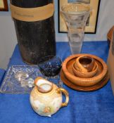 A flared cut glass trumpet vase, 31cm high, a Doulton Burslem flower decorated jug, various treen