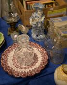 A pair of glass club shaped decanters, a further decanter, a pair of glass salts, and a Delft Toby