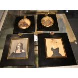 A 19th century portrait miniature of a young woman; another and a pair of photographic portraits,