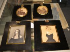 A 19th century portrait miniature of a young woman; another and a pair of photographic portraits,