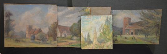 Hester McClintock (English 1913-2015) Five church views, one titled Frilsham, verso Oil on board One