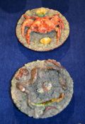 Two late 19th century Caldas Rainha majolica small wall plaques, in Palissy style, modelled with