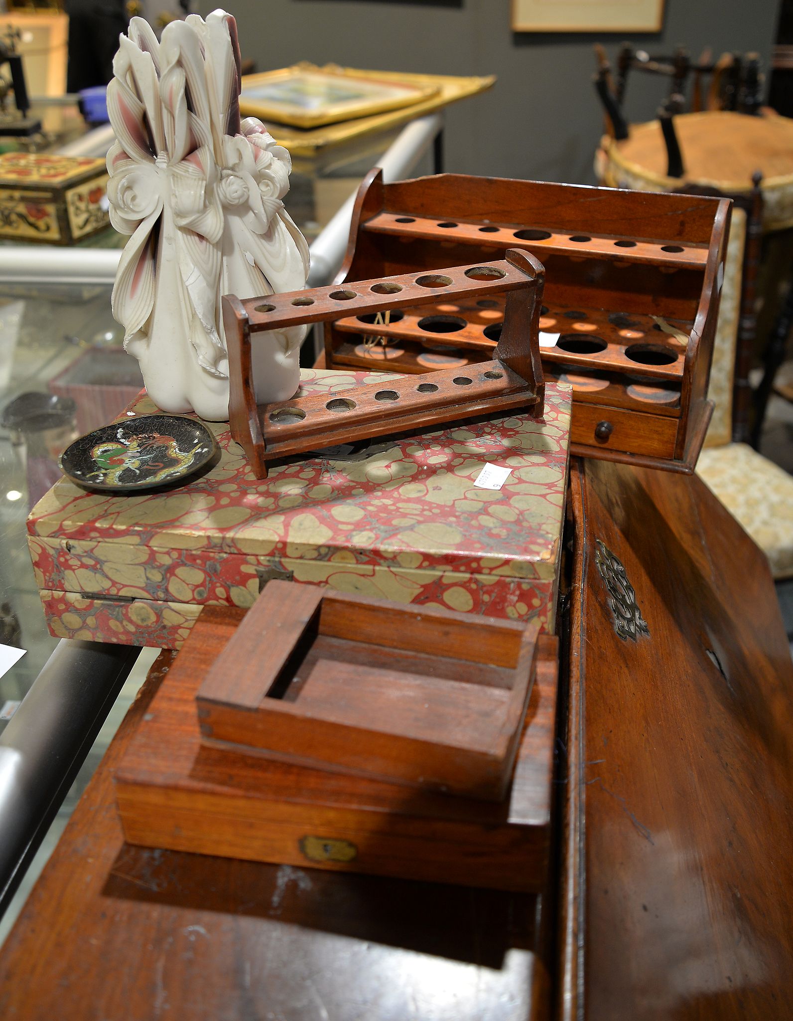 A mahogany test tube stand, another smaller, a cased part set of drawing instruments, etc.