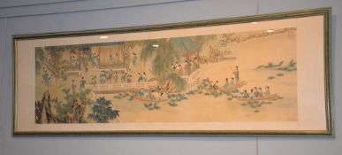 A framed and glazed Chinese scroll, depicting an exterior scene, 56cm high, 182cm long overall