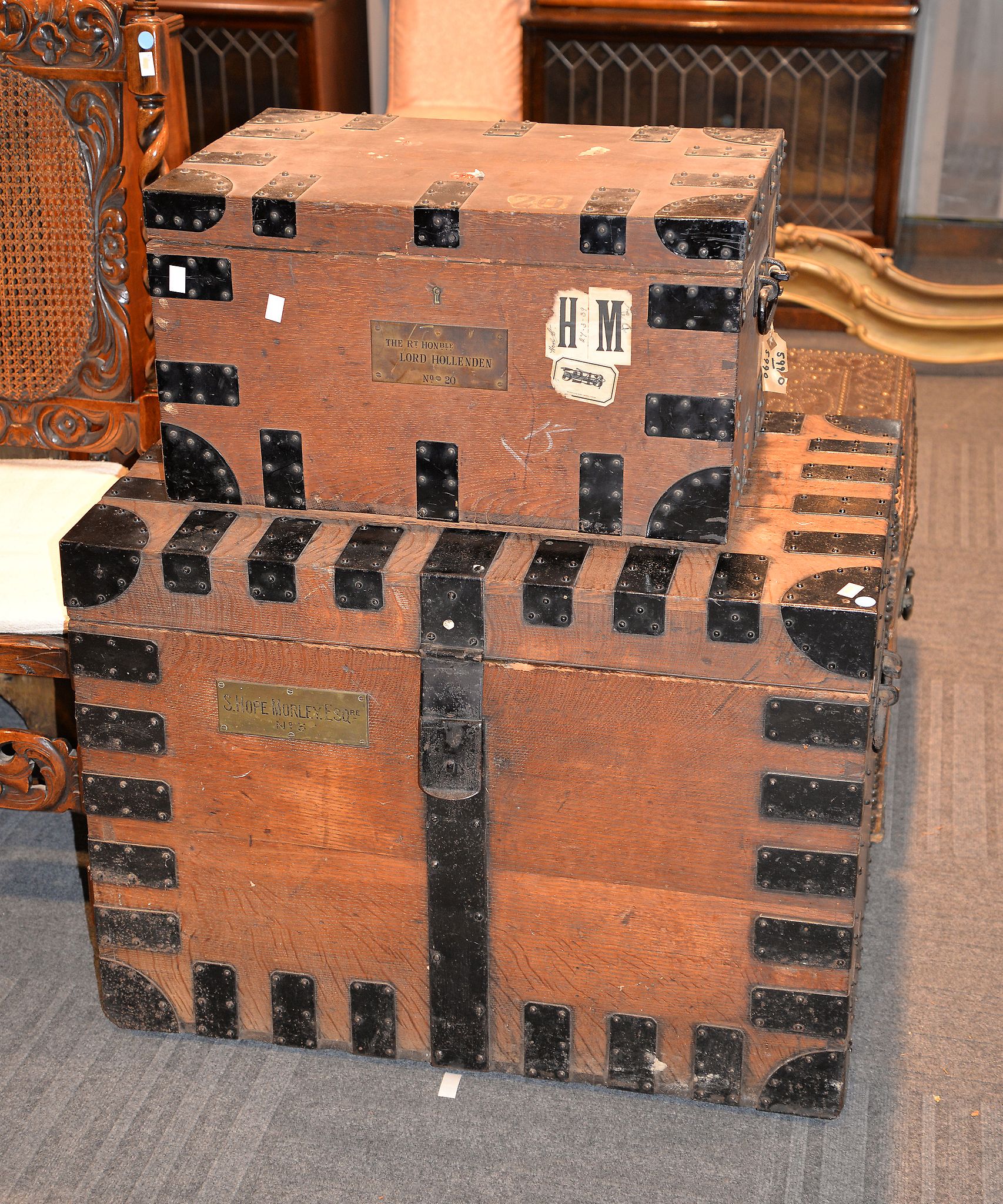 A Victorian oak and metal bound silver chest, with label for HUNT & ROSKELL LATE STORR S.MORTIMER,