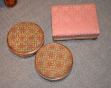 Two Victorian round footstools, with needlework tops, and a rectangular foot stool (3)