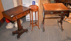 A Regency mahogany side table with single drawer and platform base, a Sheraton revival lamp table,