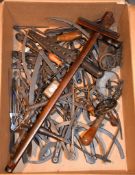 A box containing a quantity of antique and later tools to include hand drills, calipers,