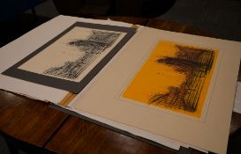Two lithographic prints, one monochrome, the other coloured, each indistinctly signed and dated,