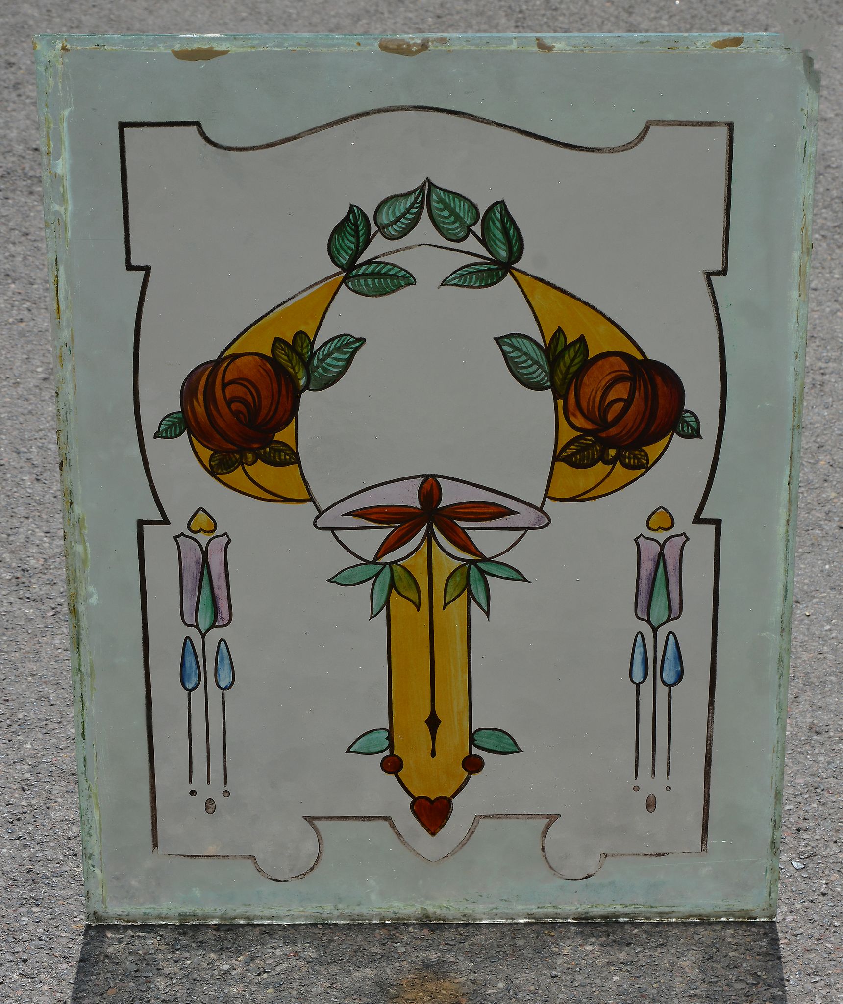 Five Arts and Crafts painted glass window panels, one 62.5cm x 82cm, in the original window frame; - Image 2 of 2