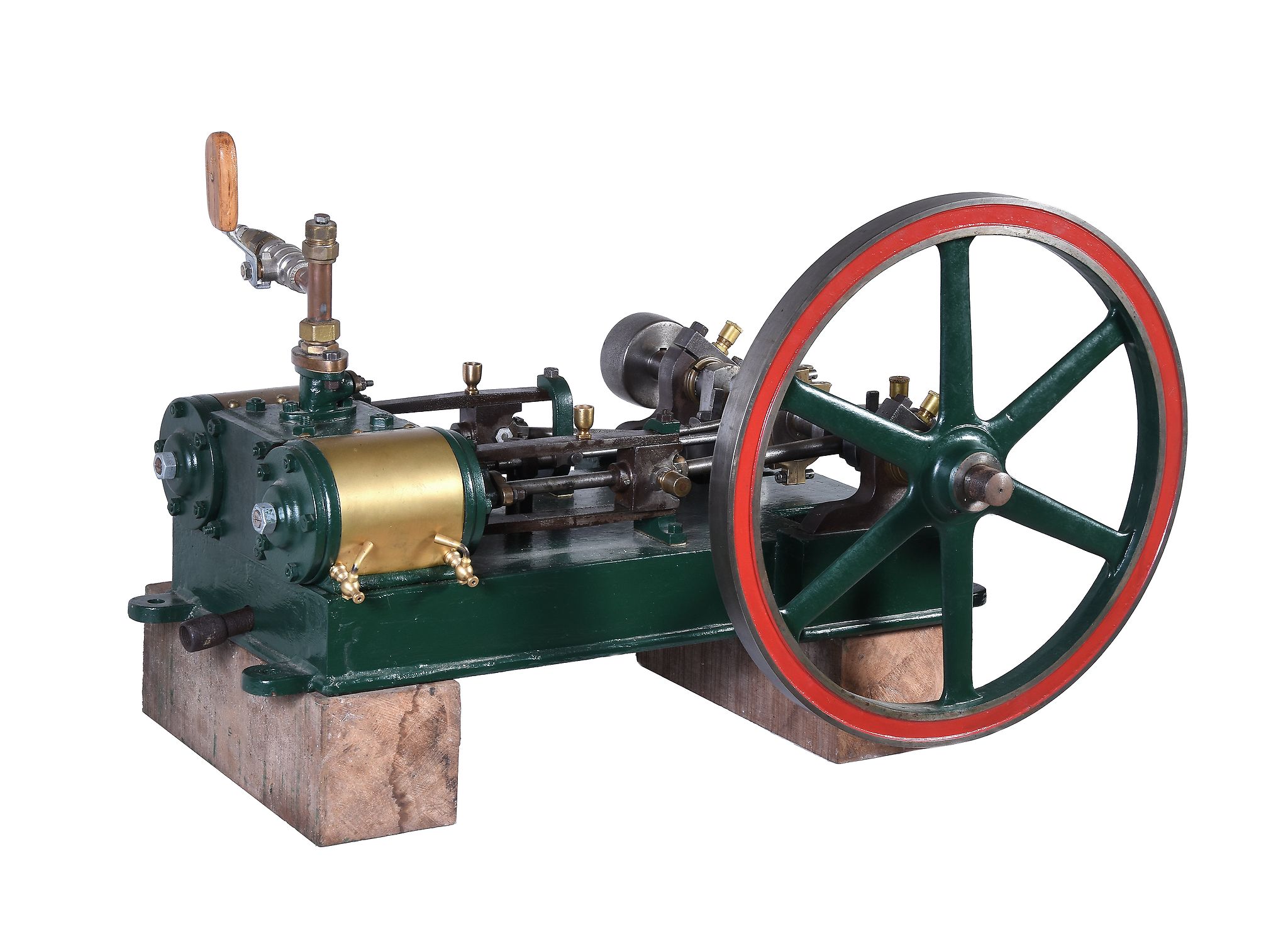 An original early 20th century live steam twin simple horizontal steam engine, the engine of open