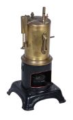 A possibly German tinplate toy steam engine, the vertical brass boiler with sight-glass and whistle