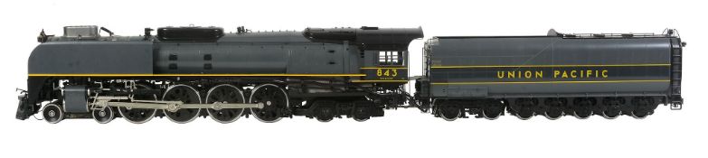 A gauge 1 model of a Union Pacific 4-8-4 American tender locomotive, built in brass with grey lined