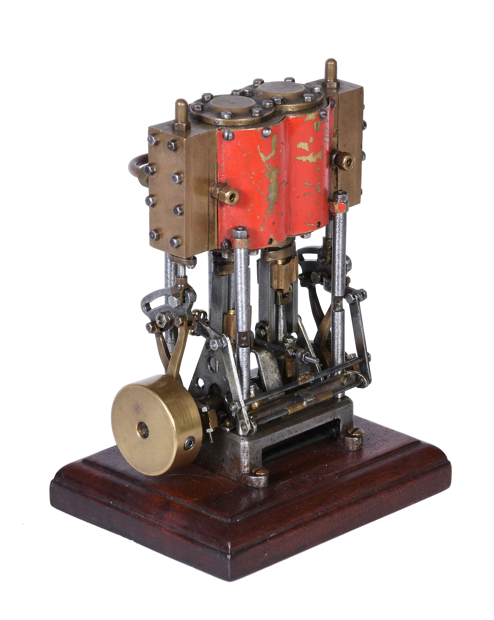 A well engineered model of a live steam vertical twin simple marine launch engine, the open crank