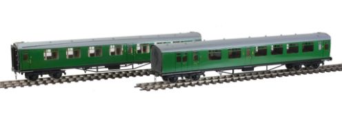 Two Southern Railway corridor bogie 1st / 3rd coaches in Southern Green livery, They were built and