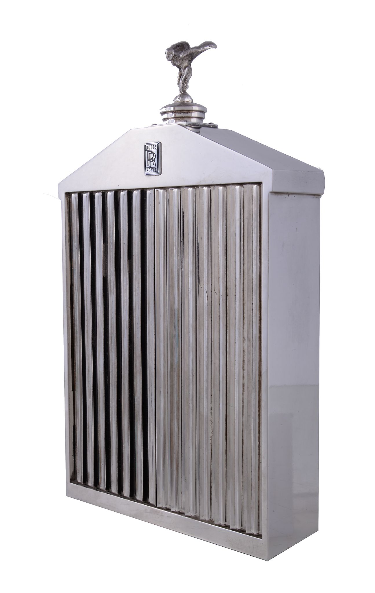 A novelty automobile related chromium plated spirit flask in the form of a Rolls Royce radiator by