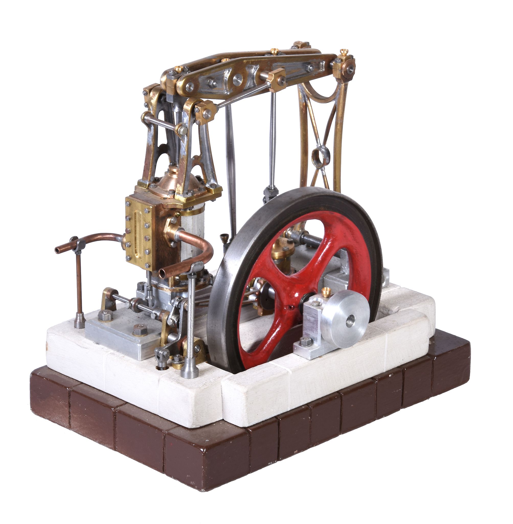 A well engineered model of a live steam grass hopper beam engine, having single lagged vertical