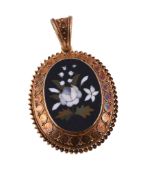 A 19th century pietra dura pendant, circa 1870, the oval hardstone panel inlaid with a foliate