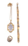 * A small collection of gold coloured jewellery , to include a white stone pendant on chain, the