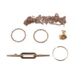 A small collection of gold coloured jewellery, to include a bar brooch stamped 14k; a pair of