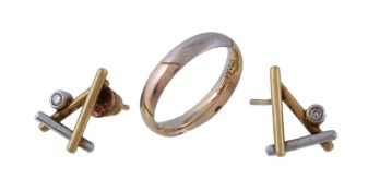 A gold coloured ring, the three colour band stamped 750, finger size L 1/2; together with a pair of