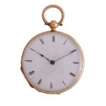 A Swiss 18 carat gold open face gold fob watch, no. 2424, mark for Neuchatel 1820 - 1866, Swiss