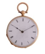 A Swiss 18 carat gold open face gold fob watch, no. 2424, mark for Neuchatel 1820 - 1866, Swiss