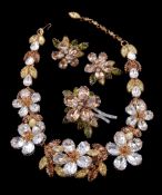 A 1960s floral costume jewellery suite, the necklace with white and yellow faceted flower heads,