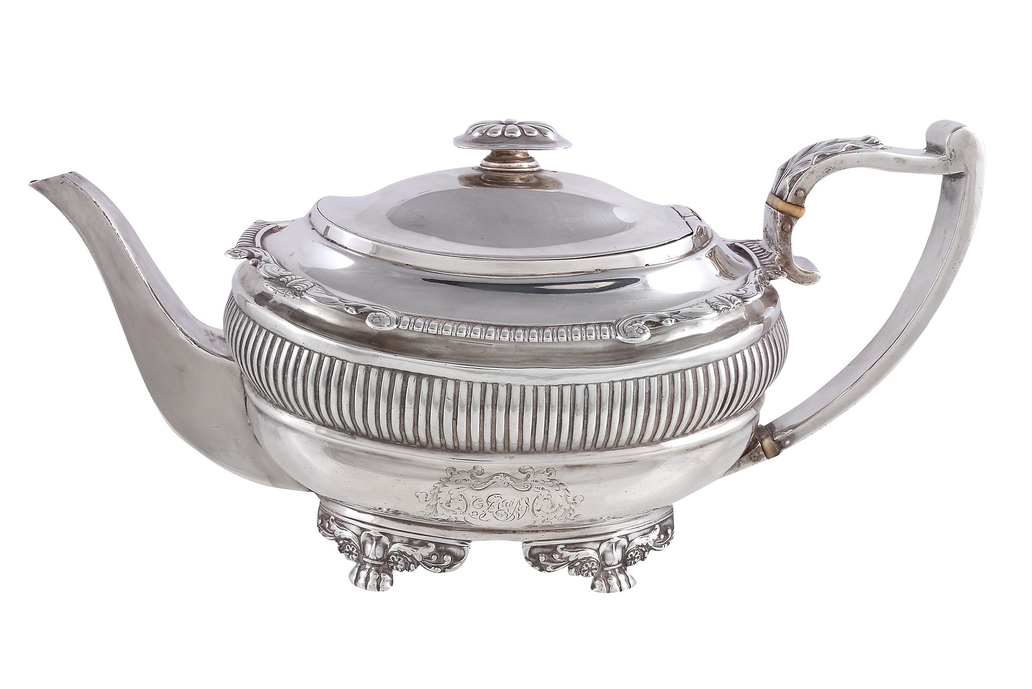 Ω A George III silver oblong baluster tea pot by Samuel Hennell, London 1818, with an oblong finial