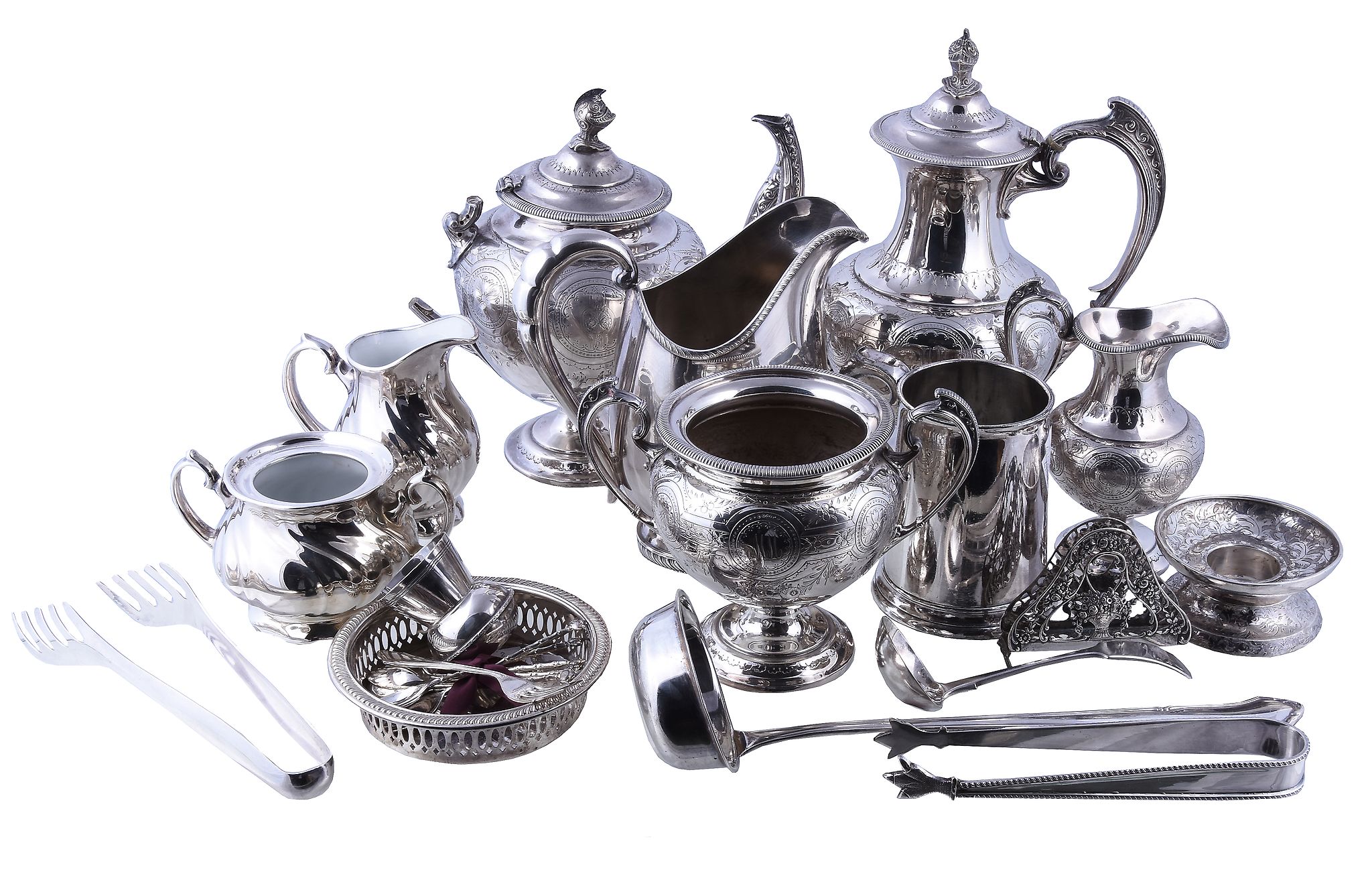 A small collection of silver and various plated items, including: a silver christening eggcup,