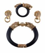 A suite of 1980s big cat costume jewellery, comprising a hinged bangle with spotted big cat