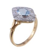 An aquamarine and diamond panel ring, the oval cut aquamarine within a surround of brilliant cut