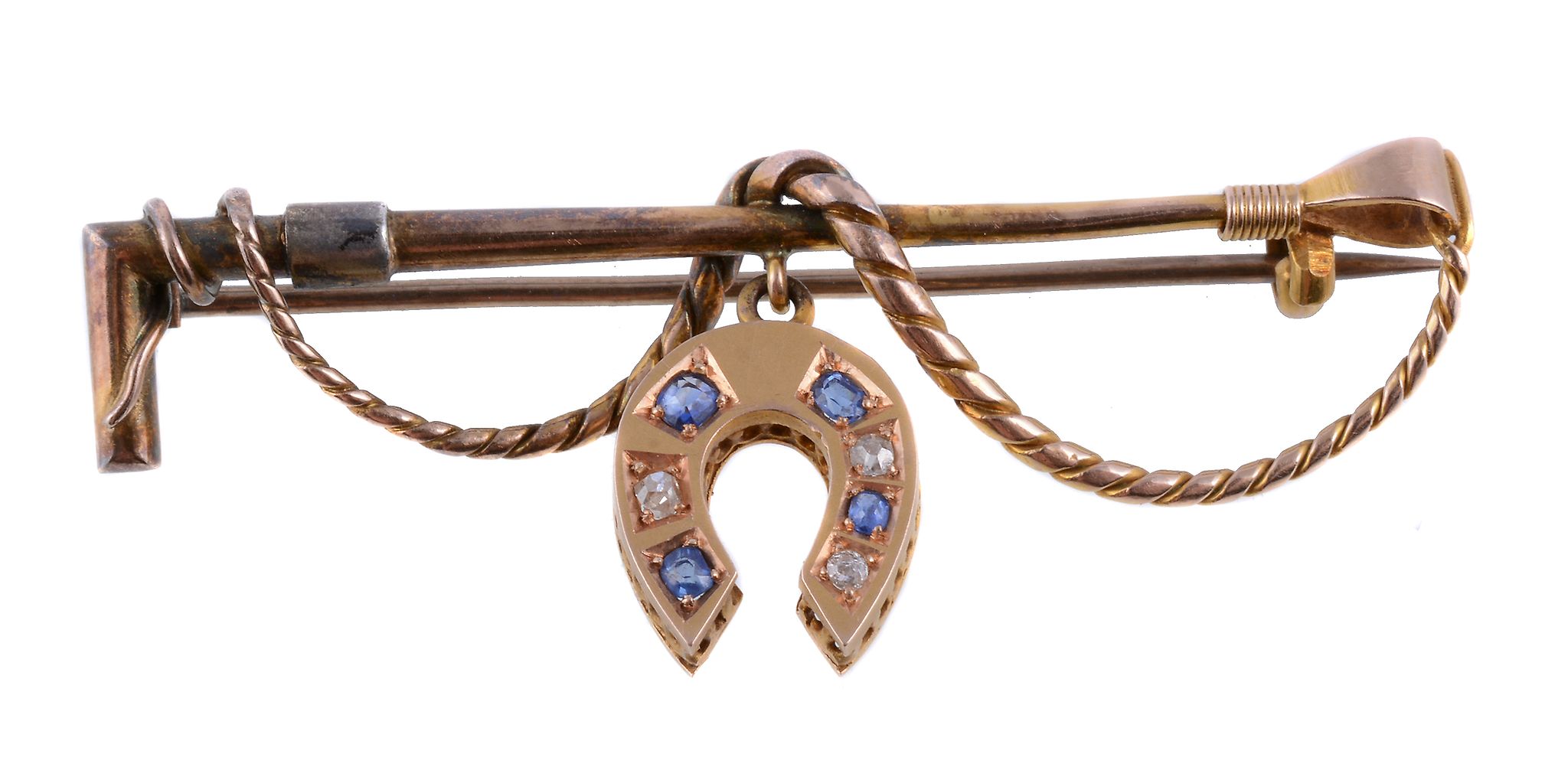 An Edwardian sapphire and diamond equestrian interest bar brooch , the bar in the form of a hunting