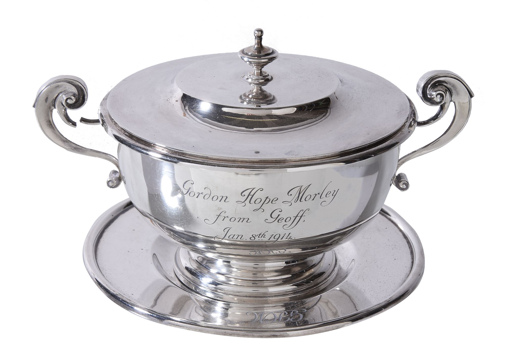 A silver porringer, cover and stand by Sebastian Garrard, London 1910, with a compressed finial and