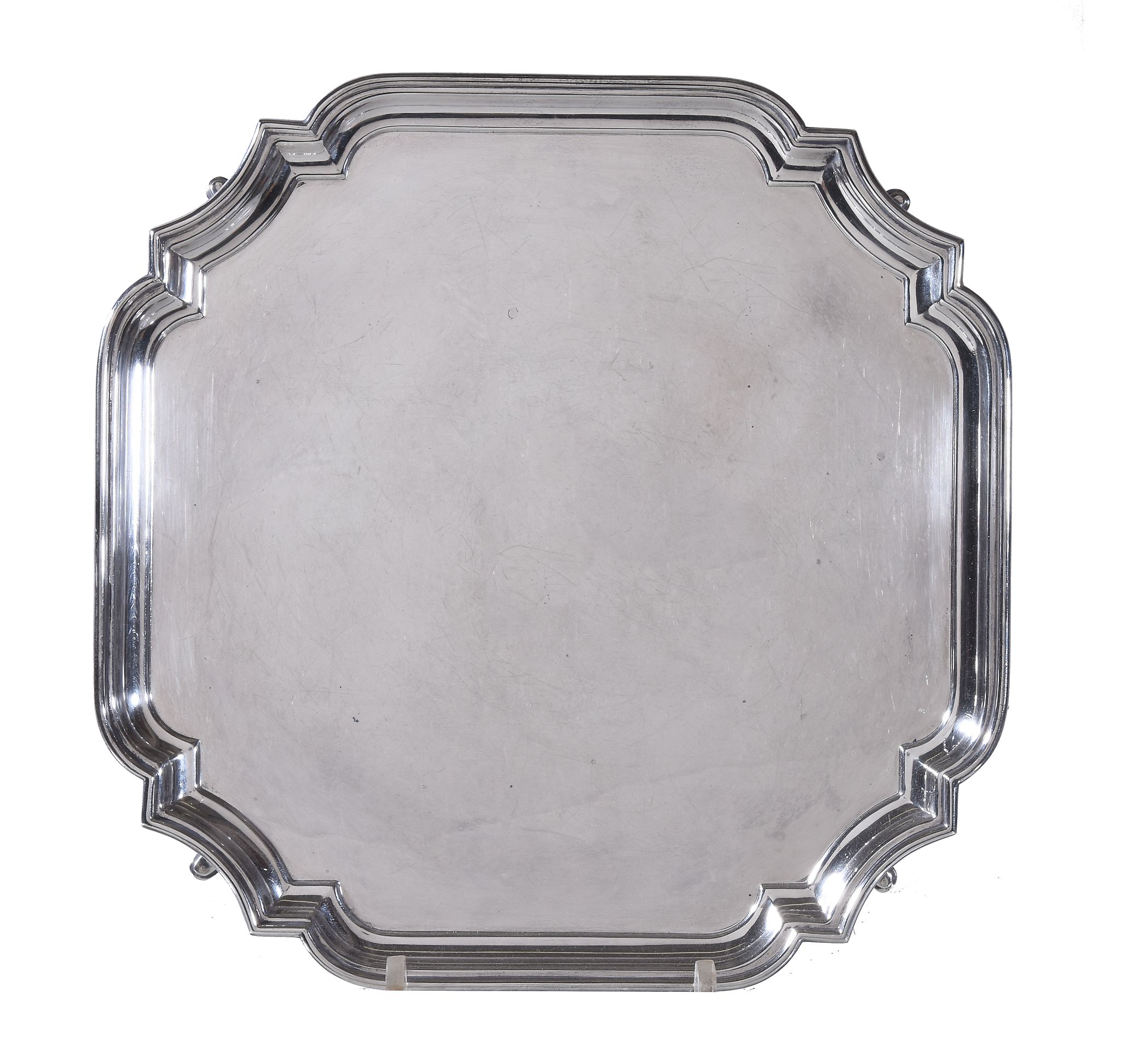 A silver shaped square salver by Barker Ellis Silver Co., Birmingham 1967, with a raised moulded