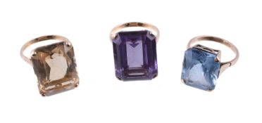 A synthetic colour change sapphire dress ring, the rectangular cut synthetic colour change sapphire