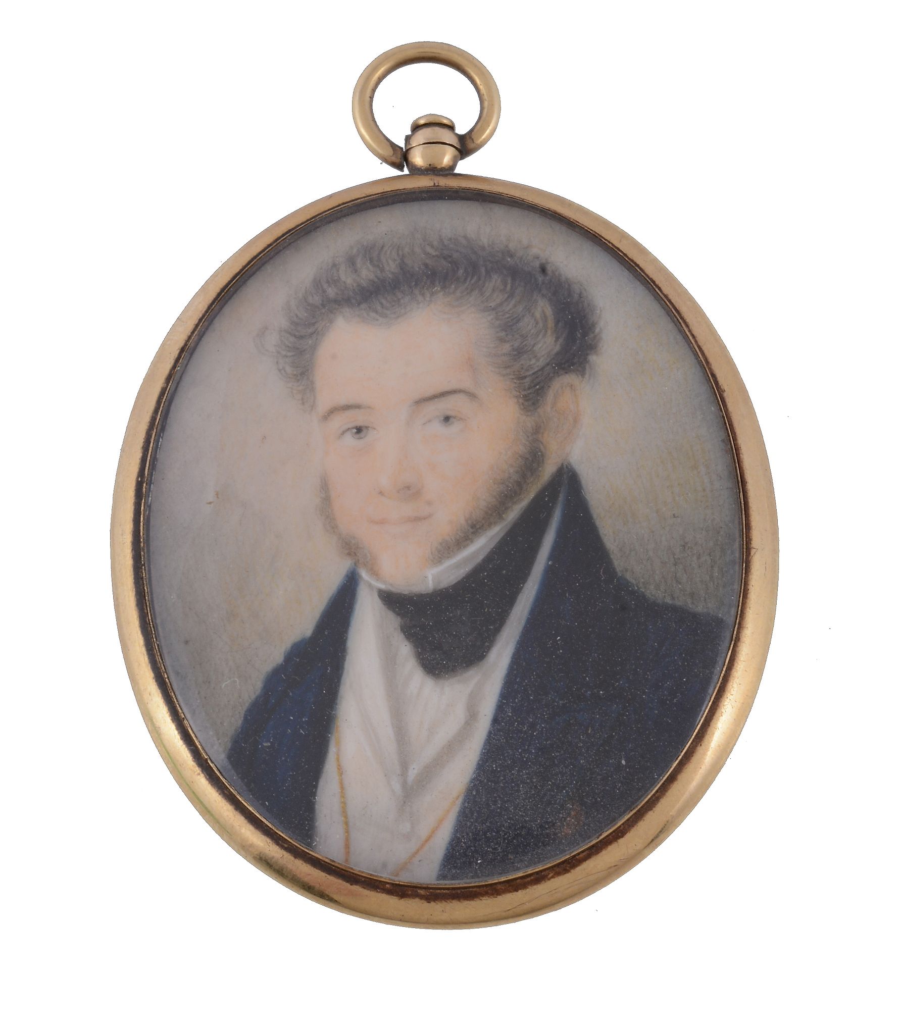 Ω English School, circa 1850 Portrait of a gentleman wearing a blue jacket, white waistcoat and a