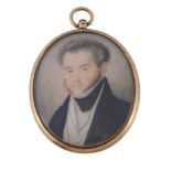 Ω English School, circa 1850 Portrait of a gentleman wearing a blue jacket, white waistcoat and a