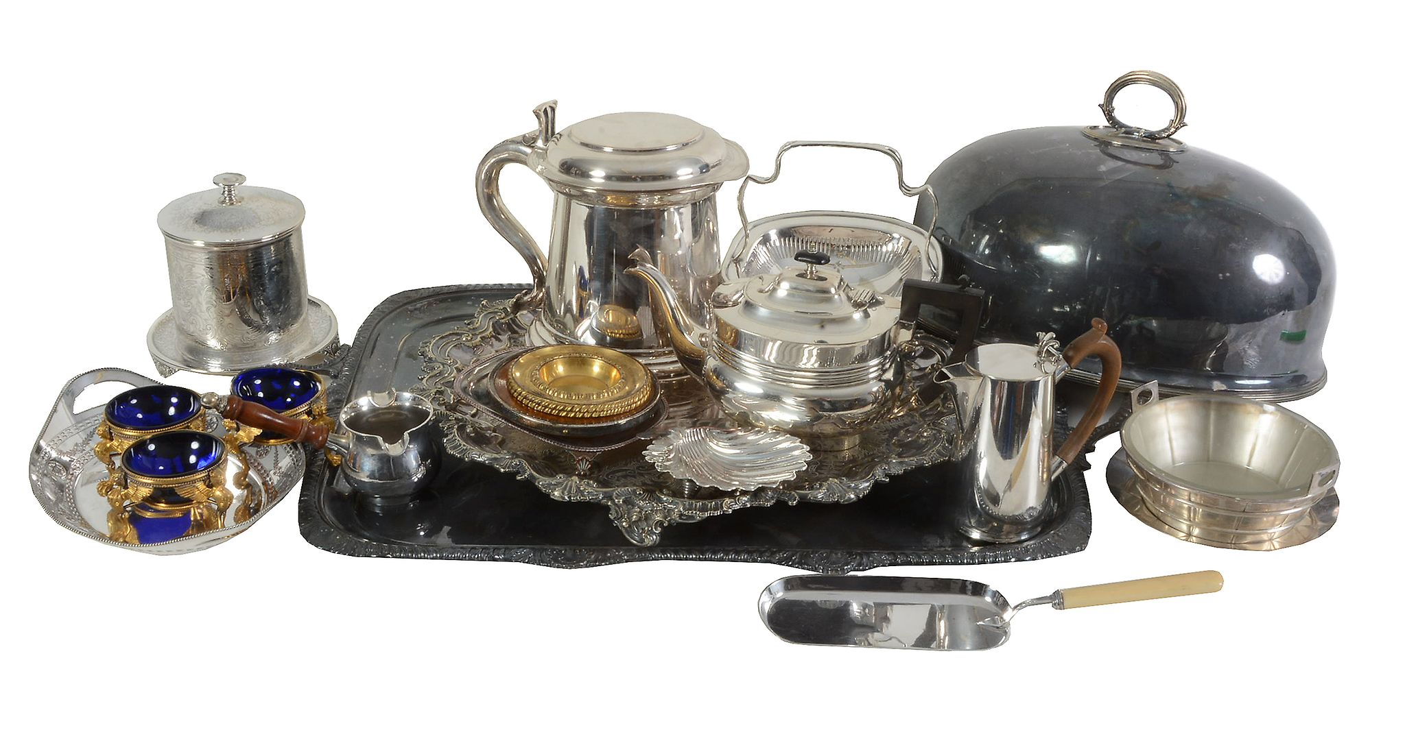 A collection of electroplated items, including: a twin handled rectangular tray by Atkin Brothers,