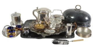 A collection of electroplated items, including: a twin handled rectangular tray by Atkin Brothers,