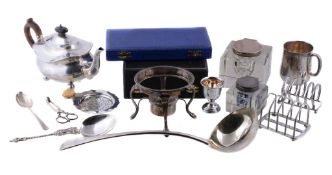 Ω A collection of silver and silver coloured items, to include: an oblong baluster tea pot,