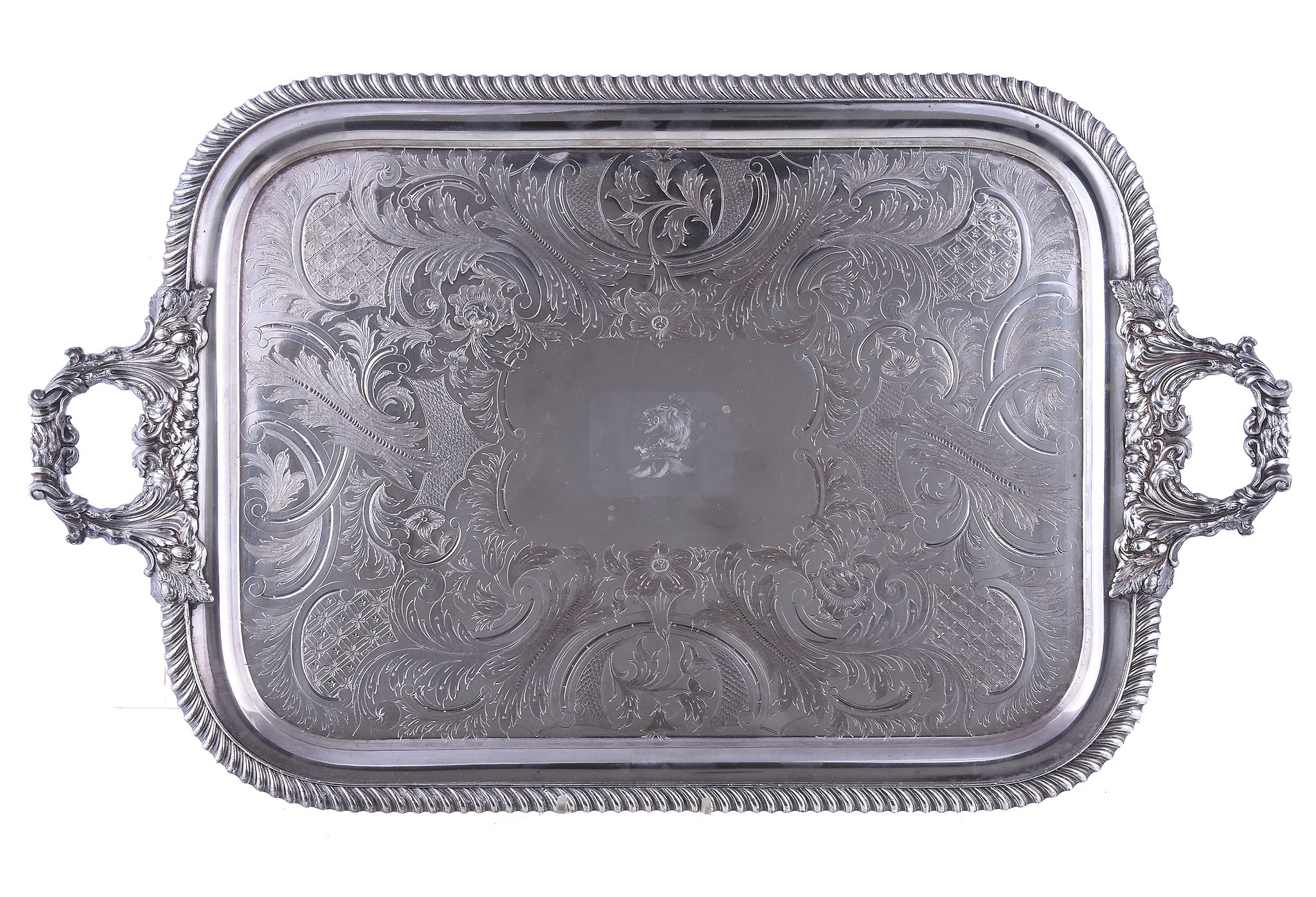 A Victorian electro-plated twin handled rectangular tray, circa 1850, with scroll foliate handles,
