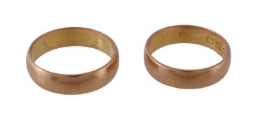 Two 22 carat gold band rings, finger sizes P and P 1/2, 10.6g gross