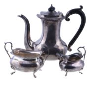 A silver three piece baluster coffee set by E. S. Barnsley & Co., Birmingham 1915 and 1916, the